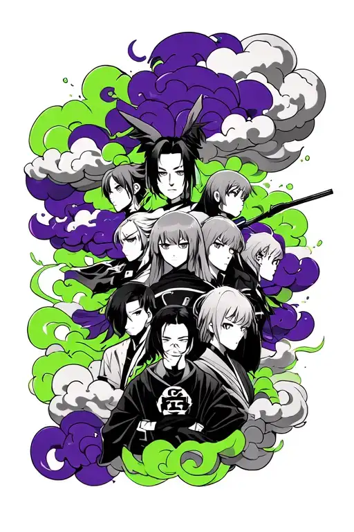 Tattoo sleeve design concept: Purple and green Akatsuki-style clouds surrounding a lineup of iconic anime characters. Ea tattoo design idea
