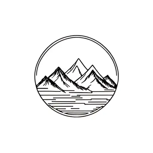 A minimalist design of a camera lens with a mountain landscape inside, symbolizing your love for photography and mountains tattoo design idea