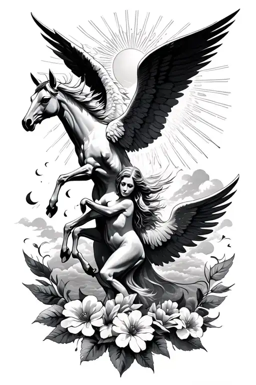 pegasus and angel with flowers and sun rays and clouds  tattoo design idea