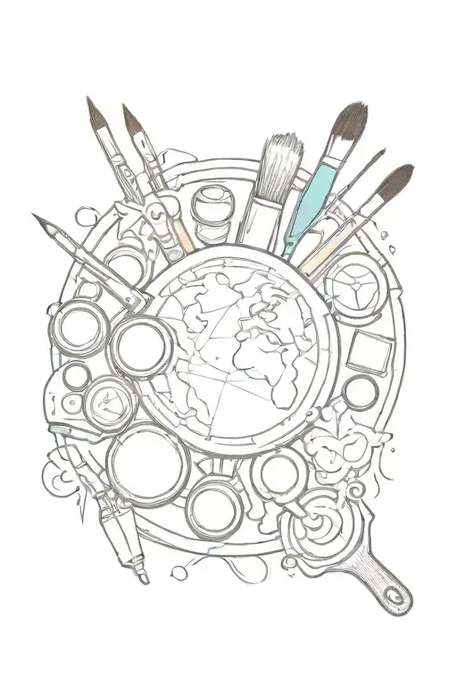 A sketch style tattoo of a painter's palette with travel elements incorporated tattoo design idea
