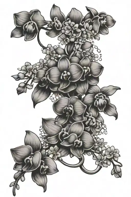 string of pearls, orchids, forget me nots on a vine intertwined with each other tattoo design idea