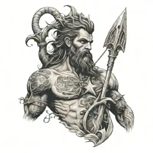 poseidon god, realism blackwork tattoo featuring a half dead mermaid, include sharks and violence tattoo design idea