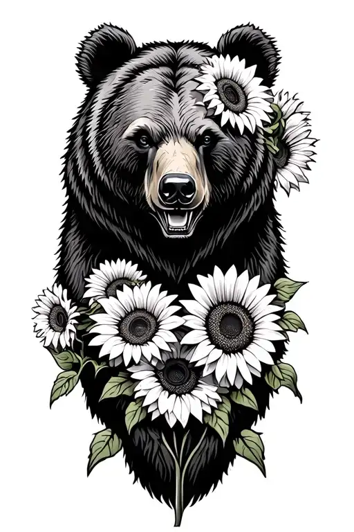 bear and sunflowers tattoo design idea