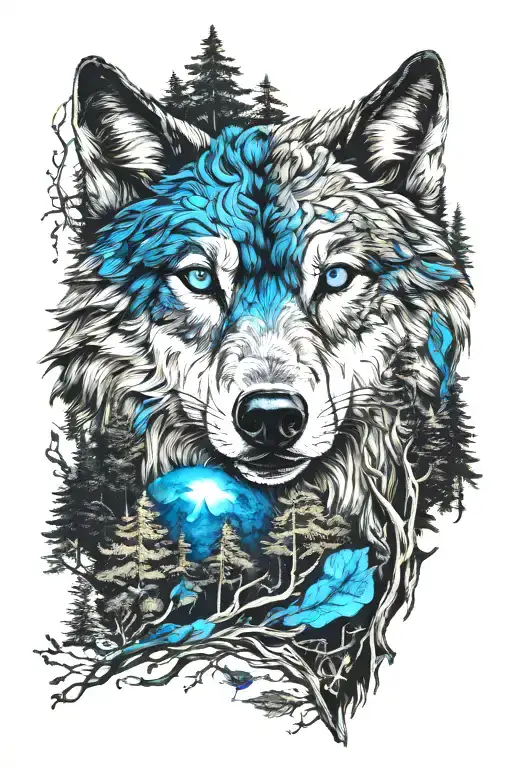 wolf in blue eyes howling forest scene tattoo design idea