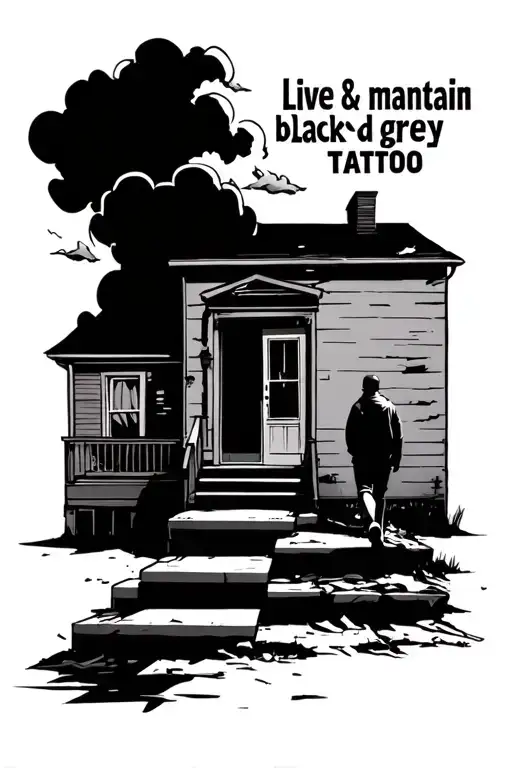small stoop to a broken down house with a man walking up with clouds on both sides with words saying "live & maintain tattoo design idea