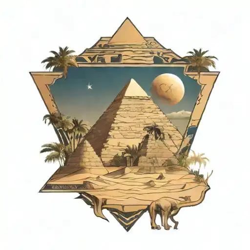 Egyptian pyramids inspired by Assassin's Creed Origins, with an oasis in the background with Anubis and Sphynx  tattoo design idea