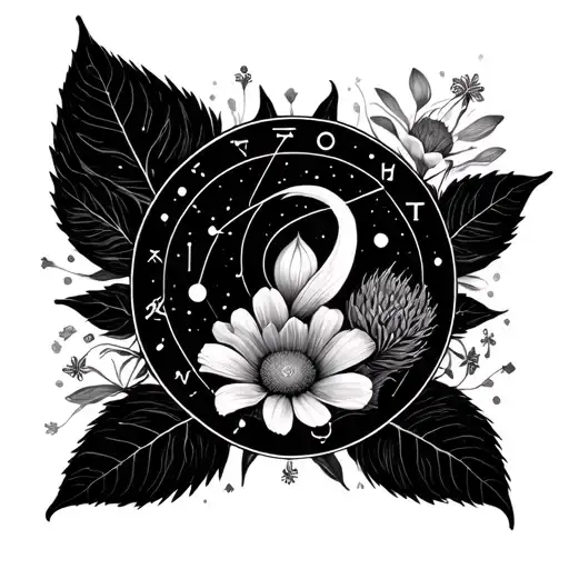 cancer zodiac and constellation surrounded by minimalist flowers tattoo design idea