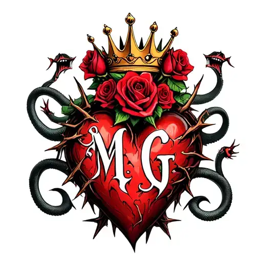 "M G" Gothic-style heart entangled with thorns, topped with a crown, four roses, and two angry snakes with Gothic-style letter tattoo design idea