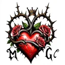 "M G" Gothic-style heart entangled with thorns, topped with a crown, four roses, and two angry snakes with Gothic-style letter tattoo design idea