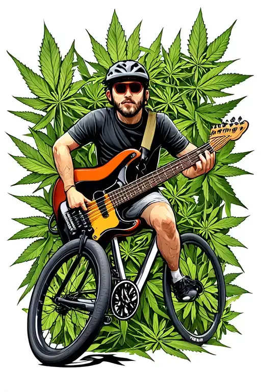 90s cartoon characters hidden within cycling cannabis and bass guitar tattoo design idea