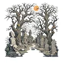  Add a haunting background that complements the zombie, such as a graveyard scene with twisted trees, tombstones, and fo tattoo design idea