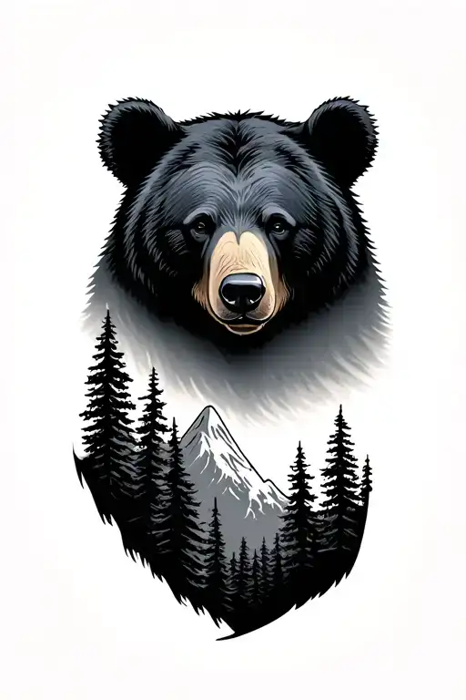 simple black bear head that rounds out my shoulder, and below that, mountains and evergreen trees down my left bicep  tattoo design idea