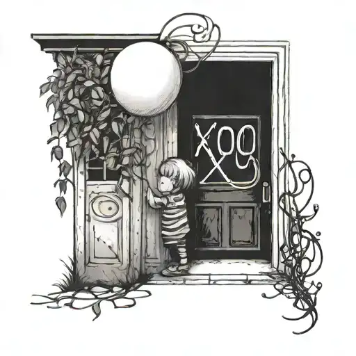 Open door, child that holds a balloon that has XO written on it, vines tattoo design idea