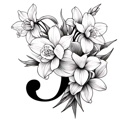 Create a tattoo design featuring an elegant, bold cursive letter ‘J’ intertwined with detailed daffodil flowers tattoo design idea
