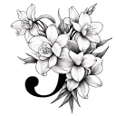 Create a tattoo design featuring an elegant, bold cursive letter ‘J’ intertwined with detailed daffodil flowers tattoo design idea
