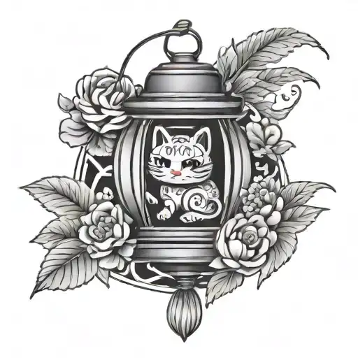 Japanese lantern with coin and lucky cat tattoo design idea