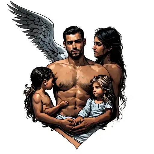 Create a tattoo on a man's shoulder. A man as a fallen angel with two children, a boy 5 years old and a girl 3 years old tattoo design idea