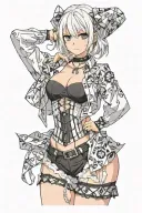 Sexy girl, Huge boobs, cleavage, petite, pure white eyes, lingerie, short white bob hairstyle, waist up view tattoo design idea