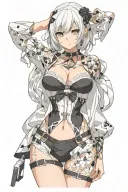 Sexy girl, Huge boobs, cleavage, petite, pure white eyes, lingerie, short white bob hairstyle, waist up view tattoo design idea