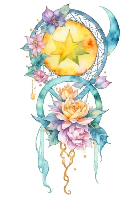 triple moon goddess pentacle with lotus tattoo design idea