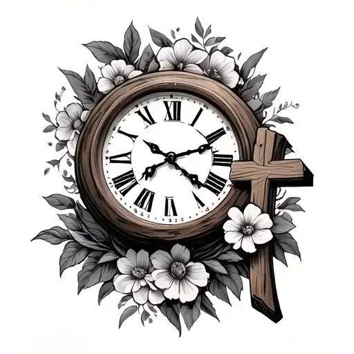 after death 7 minutes with an old wooden clock that only has seven minutes on it paired with a wooden cross and floral  tattoo design idea