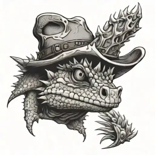 a thorny devil lizard with a cowboy hat on his head tattoo design idea