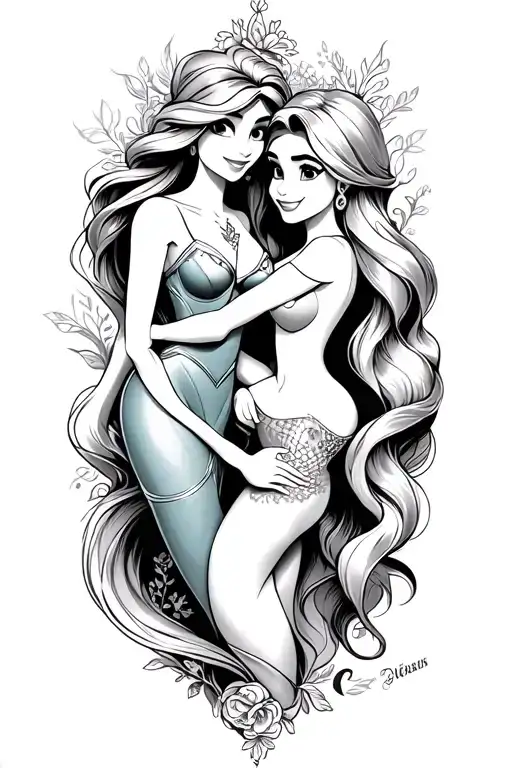 Disney characters monochrome tattoo Ariel and Rapunzel pascal and flounder sillouhettes tattoo design idea