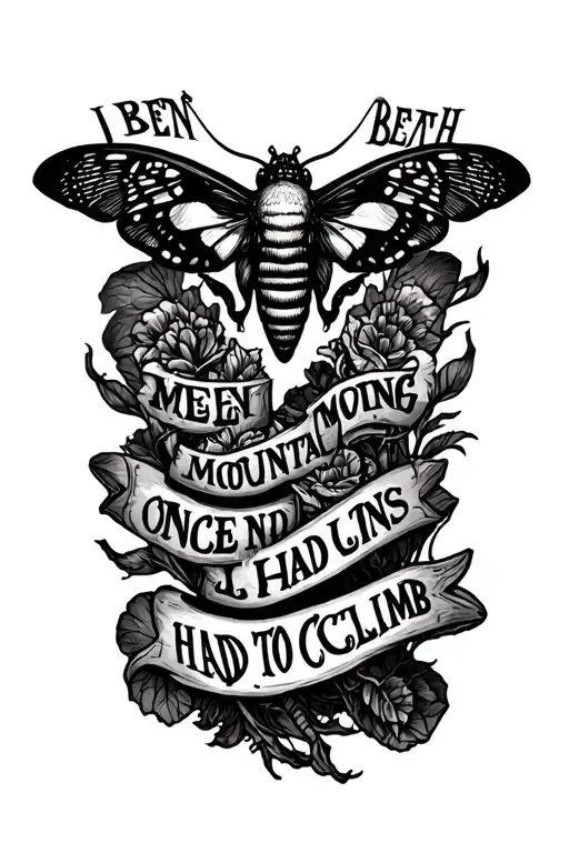 Design me a male leg tattoo sleeve including a death moth, the words “I’ve been moving mountains I once had to climb” tattoo design idea
