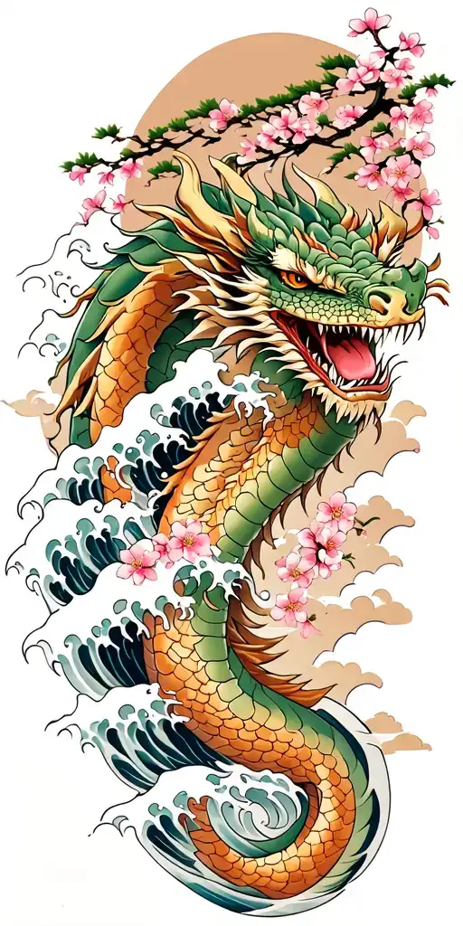 A fierce dragon emerging from the ocean waves with cherry blossom trees in the background tattoo design idea