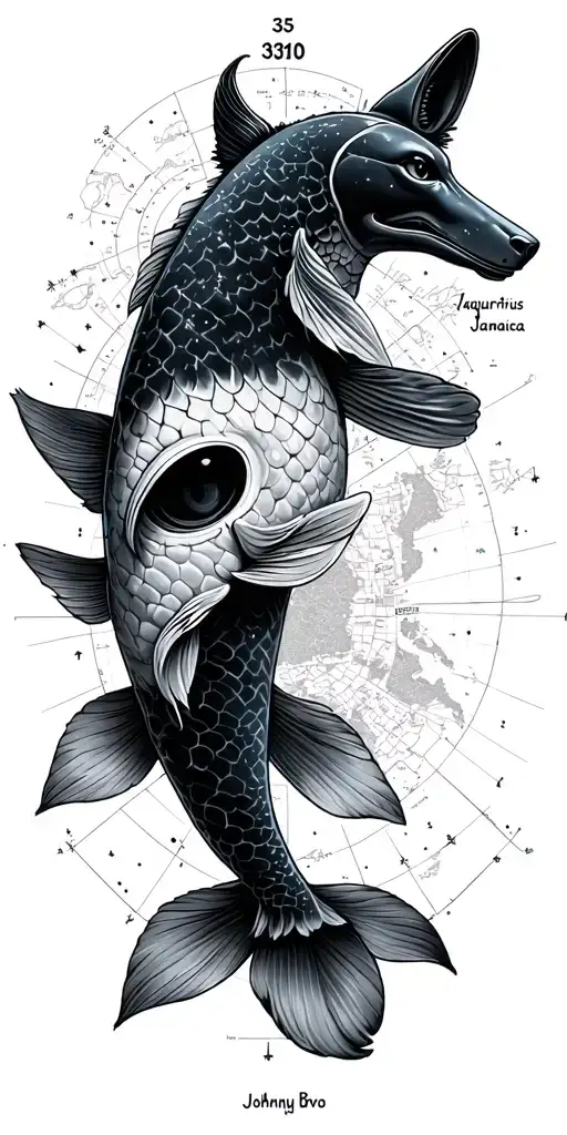 collage with a koi fish, wolf, universe with alien head, map of Jamaica, Johnny bravo, Aquarius constellation, 305, 310 tattoo design idea
