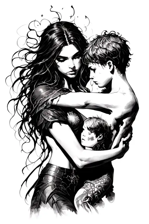 Scorpio woman embracing protectively  her aquarius son while looking threatening.  tattoo design idea