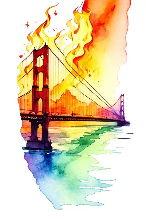 burning bridge with rainbow flames left arm tattoo design idea