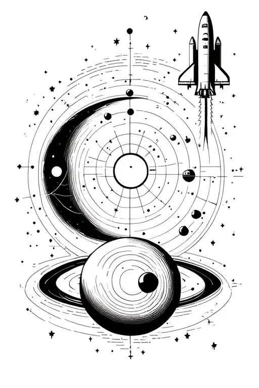 from the atom to the black hole with the space shuttle, Fibonacci sequence, planets and constellations tattoo design idea