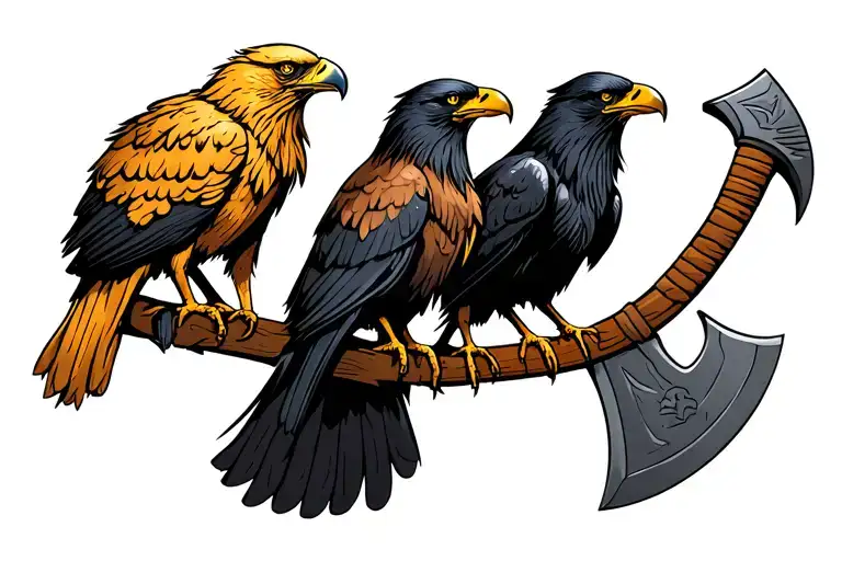 three birds sitting on horizontal viking axe. Birds are golden eagle, bald eagle, raven. Nordic tattoo design idea