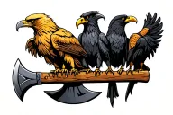 three birds sitting on horizontal viking axe. Birds are golden eagle, bald eagle, raven. Nordic tattoo design idea