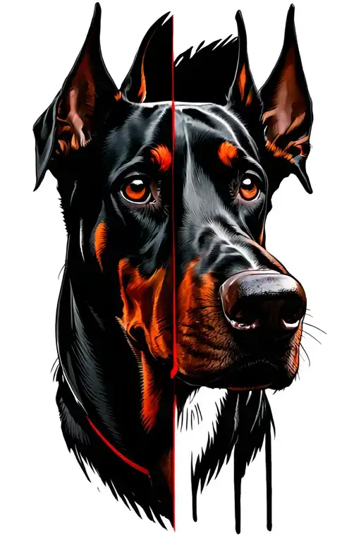 Draw a sketch of a tattoo with red elements divided in half, on one half of the muzzle of Doberman which is above the head n tattoo design idea