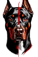 Draw a sketch of a tattoo with red elements divided in half, on one half of the muzzle of Doberman which is above the head n tattoo design idea