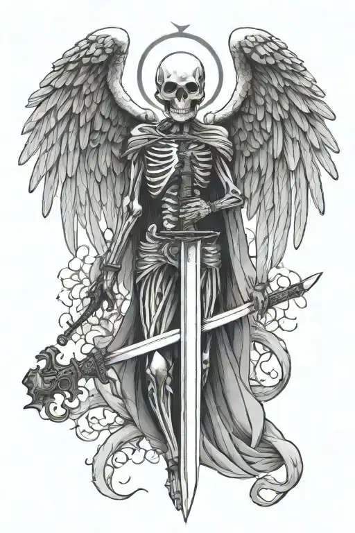 angel of death skeleton with wings holding a sword tattoo design idea