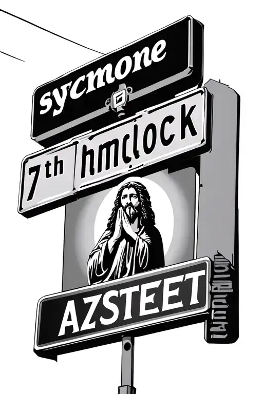 street sign with the words " sycamore" "hemlock" "7th Street" "Aztec" and Jesus praying  tattoo design idea