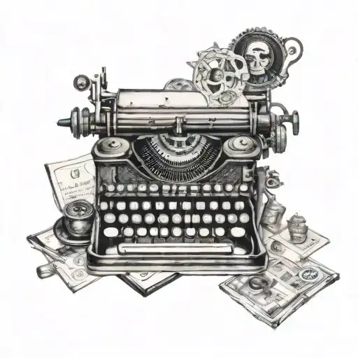 A detailed blackwork tattoo of a vintage typewriter surrounded by various editing symbols and tools tattoo design idea
