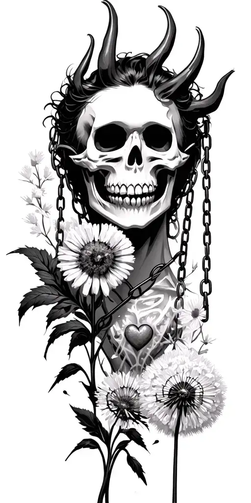 Demon with a skeleton face and chained holds face mask in front of the face, daisies, dandelion, tearful heart, tattoo design idea