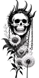 Demon with a skeleton face and chained holds face mask in front of the face, daisies, dandelion, tearful heart, tattoo design idea