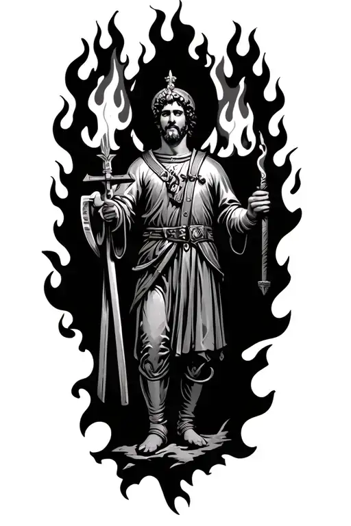 St. Florian, the patron saint of firefighters, surrounded by flames tattoo design idea