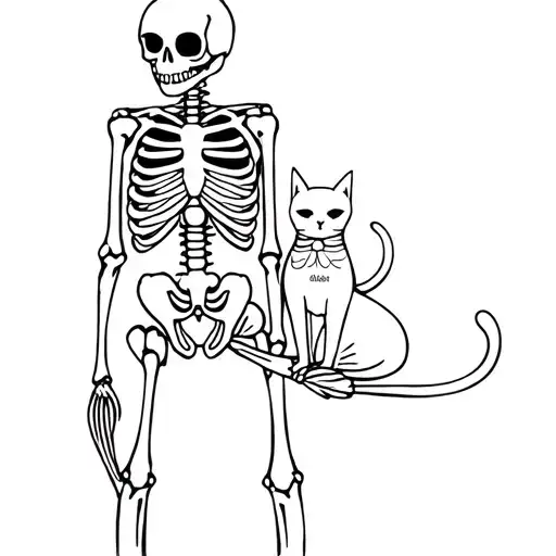 a cutie female skeleton holding two cutie cats, one of the cat is named Oden and the other Alaska tattoo design idea