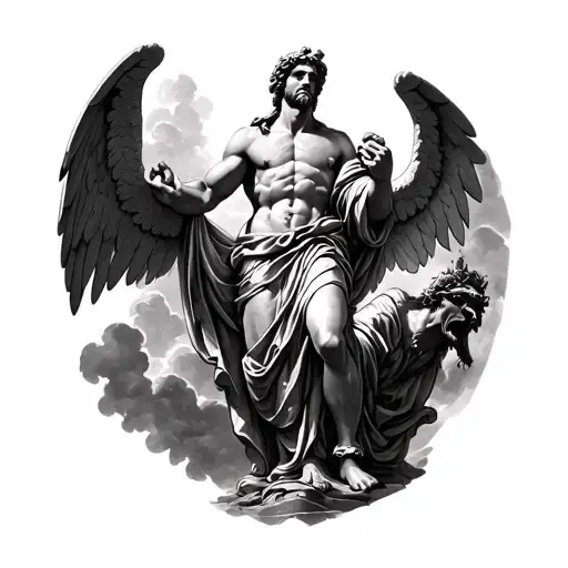 Outer forearm tattoo of Saint Michael looking like a Greek god statue crushing an evil spirit tattoo design idea