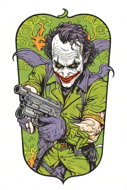 A realistic portrait of Heath Ledger's Joker holding a gun tattoo design idea