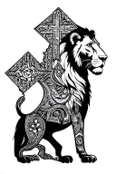 create a tattoo design that incorporates the shape of Ethiopia, the Ethiopian lion, the coptic cross, and mountains tattoo design idea