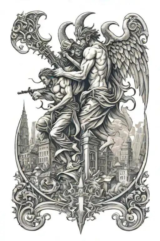 full back tattoo of city scape with demons fighting an angel tattoo design idea