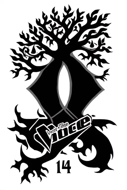celtic tree of life, the number 14, the words "The Voice", uncle symbol tattoo design idea