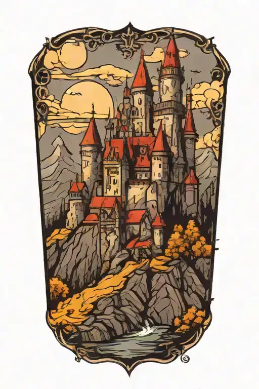 Gothic Medieval castle overlooking mountains tattoo design idea